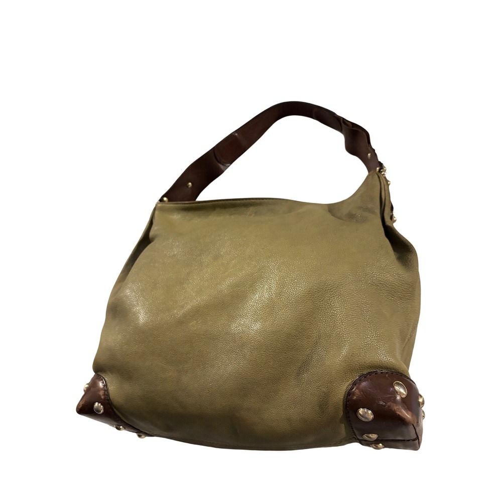 Michael Kors Joplin Hobo Bag Olive Green Leather Brown Trim Studded Large